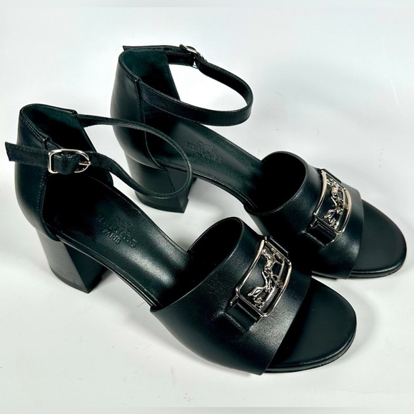 HERMES Viaggio 60 Calfskin Leather Ankle Strap Sandals 35 Black - Picture 5 of 15